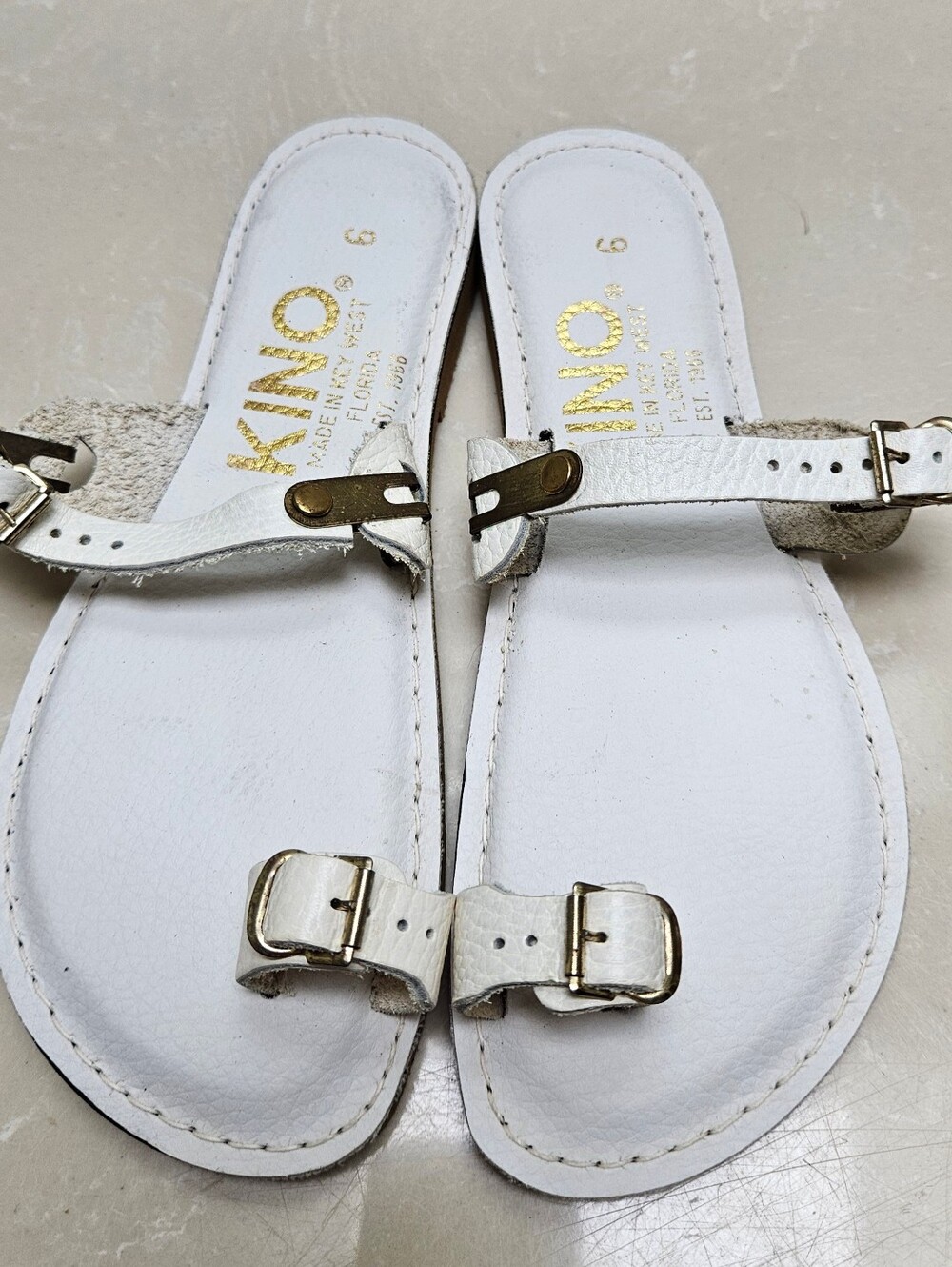 Kino Sandal Key West White Leather Toe Loop Flat Sandals Size 6